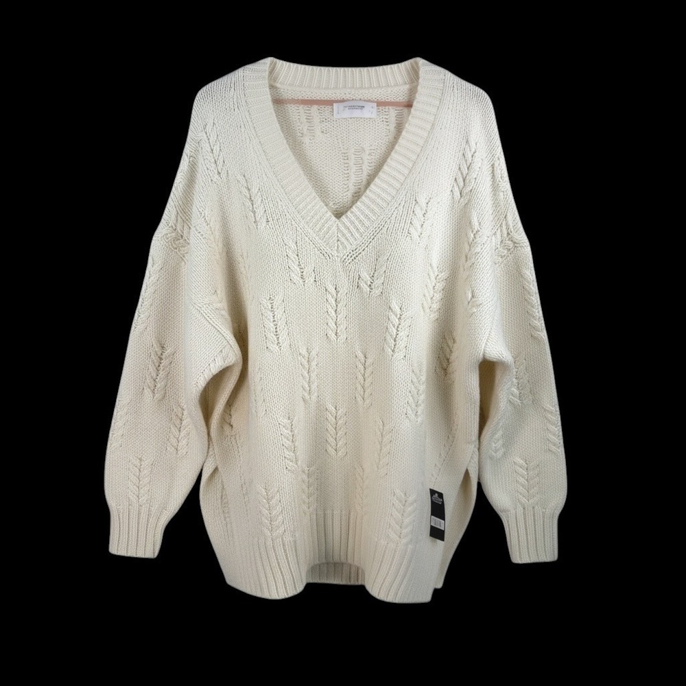 Lucky Brand V-Neck Sweater M Cream Oversized chunky Knit Wool Blend Boho